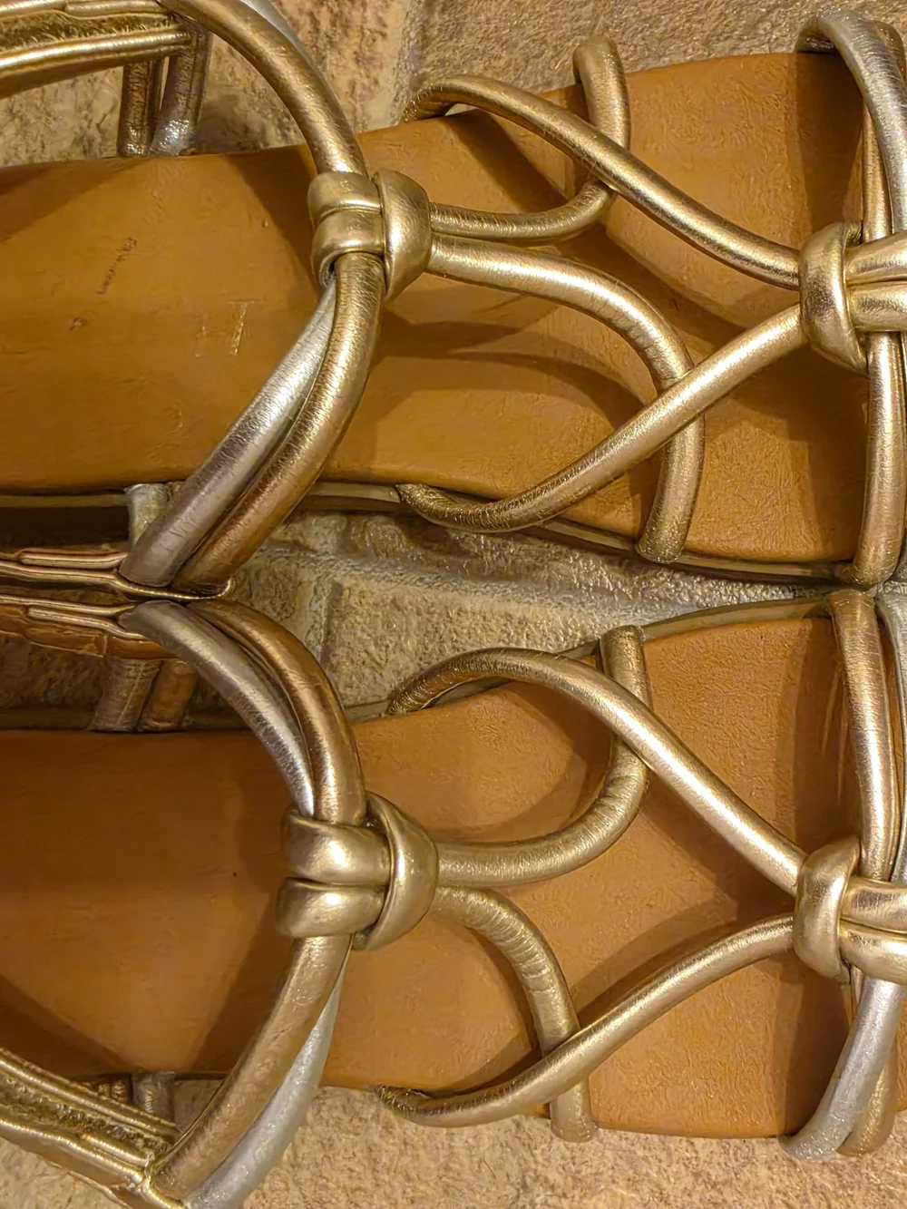 Gold Strappy Slide Sandals with Tan Footbed